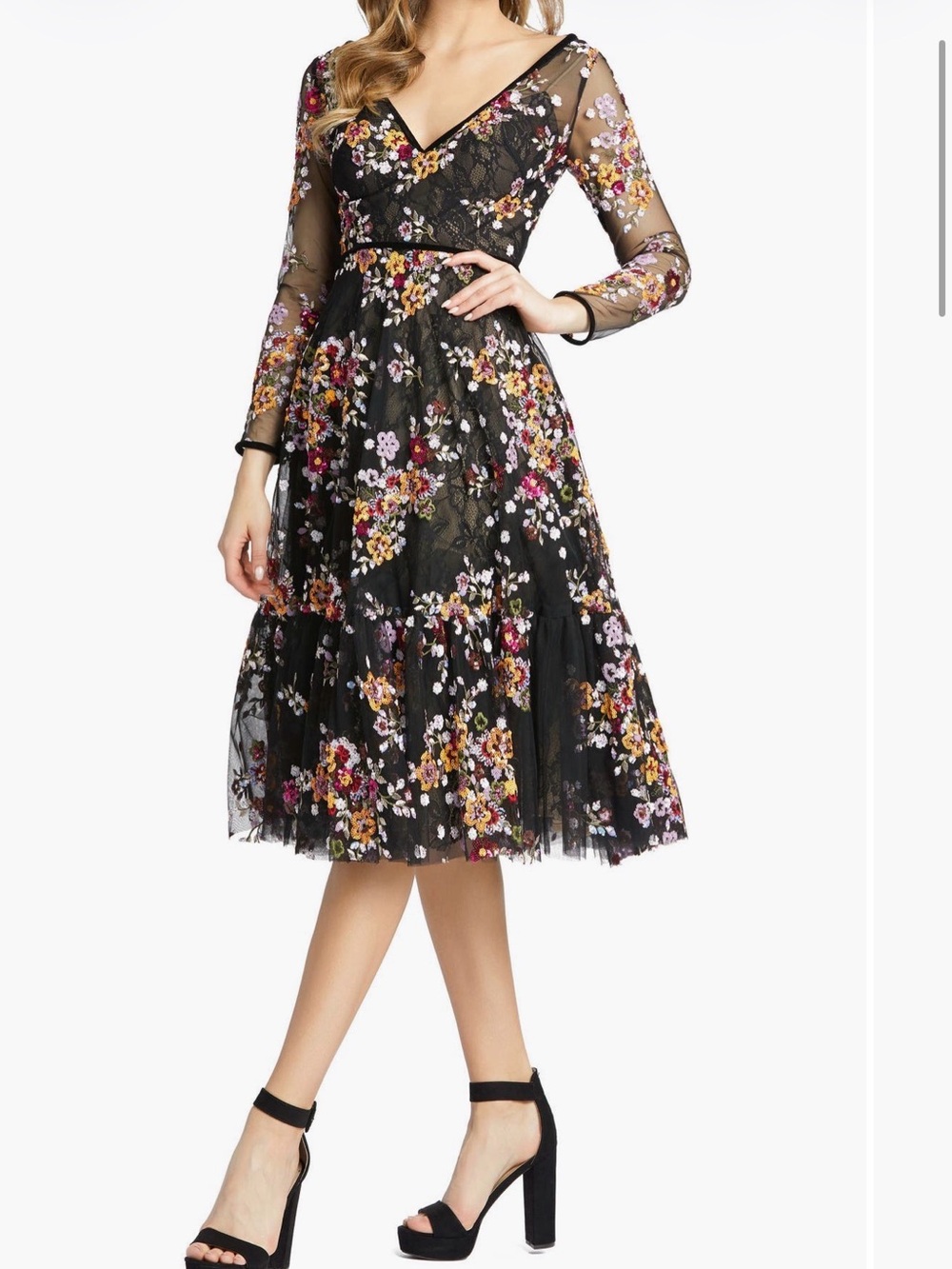 Never worn Mac Duggal Black Floral Embroidered Midi Dress
